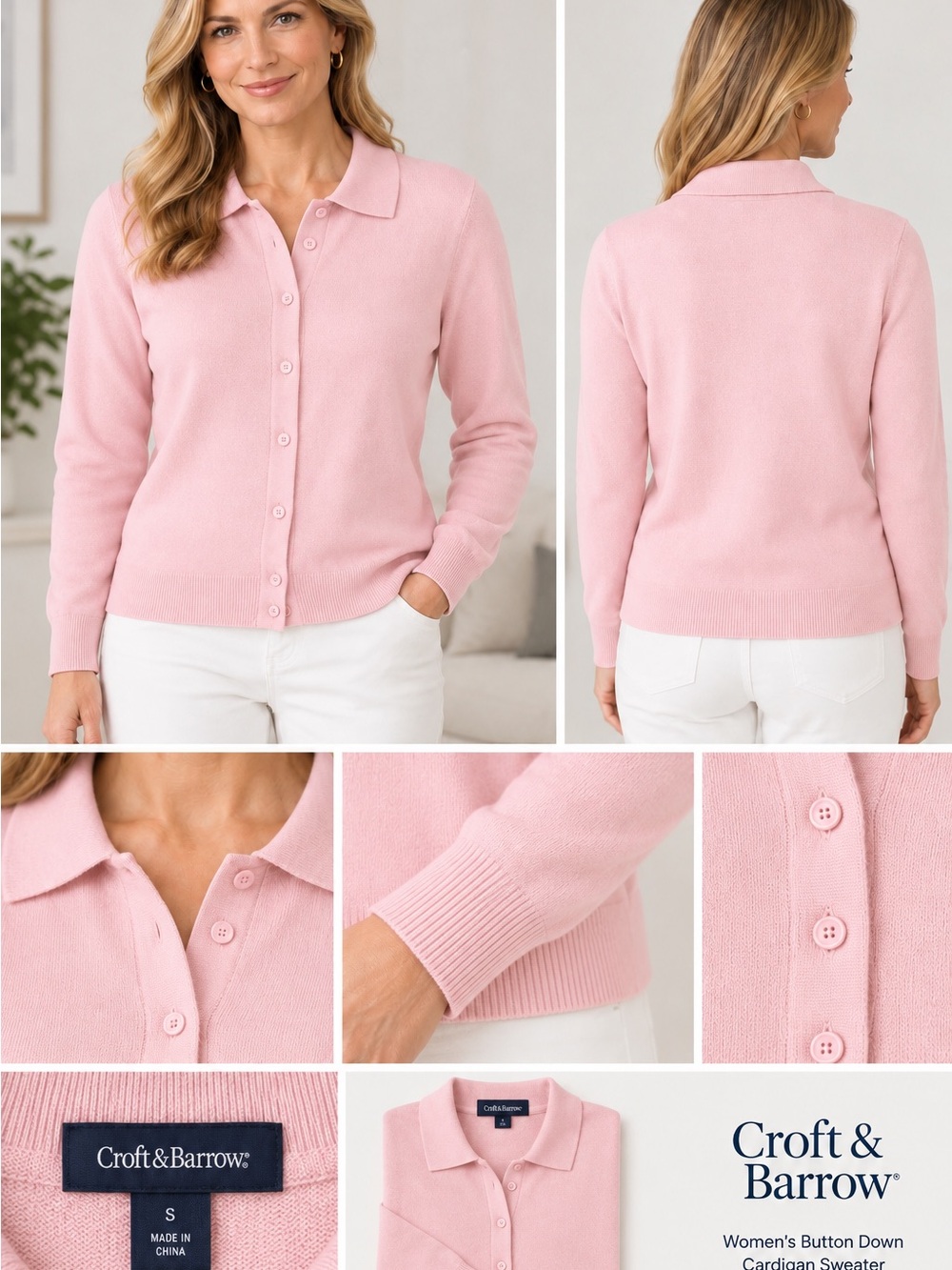 croft & barrow Soft Pink Button-Down Collar Cardigan women’s small